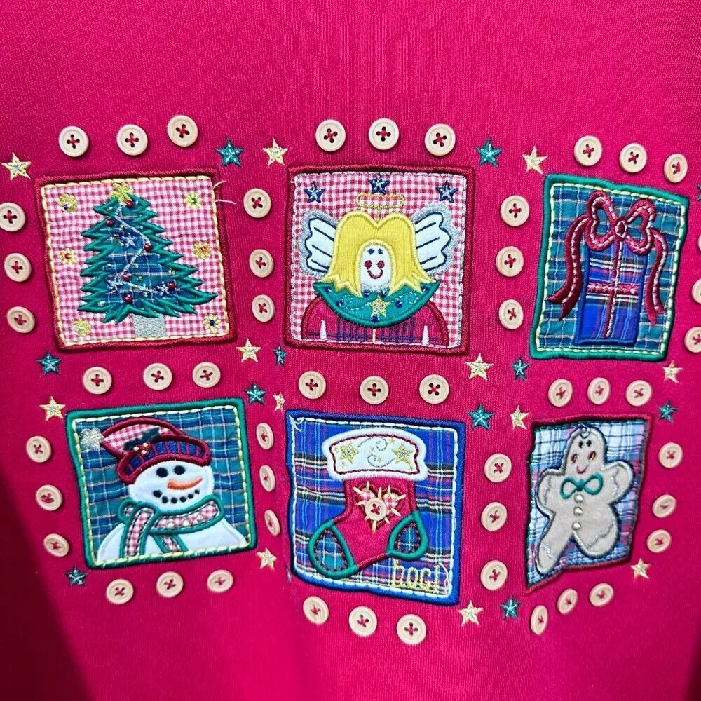 Vintage Holiday Winter Christmas Sweatshirt‎ Embroidered Quilted Red Adorable PS - Picture 7 of 10